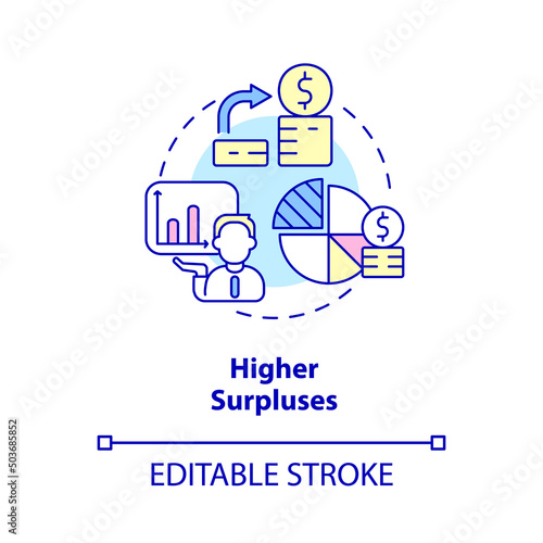 Higher surpluses concept icon. Income exceeds spending. Balanced budget requirement abstract idea thin line illustration. Isolated outline drawing. Editable stroke. Arial, Myriad Pro-Bold fonts used