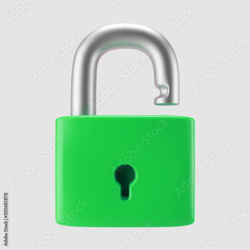 3d green unlocked padlock icon isolated on gray background. Render minimal open padlock with a keyhole. Confidentiality and security concept. 3d cartoon simple vector illustration