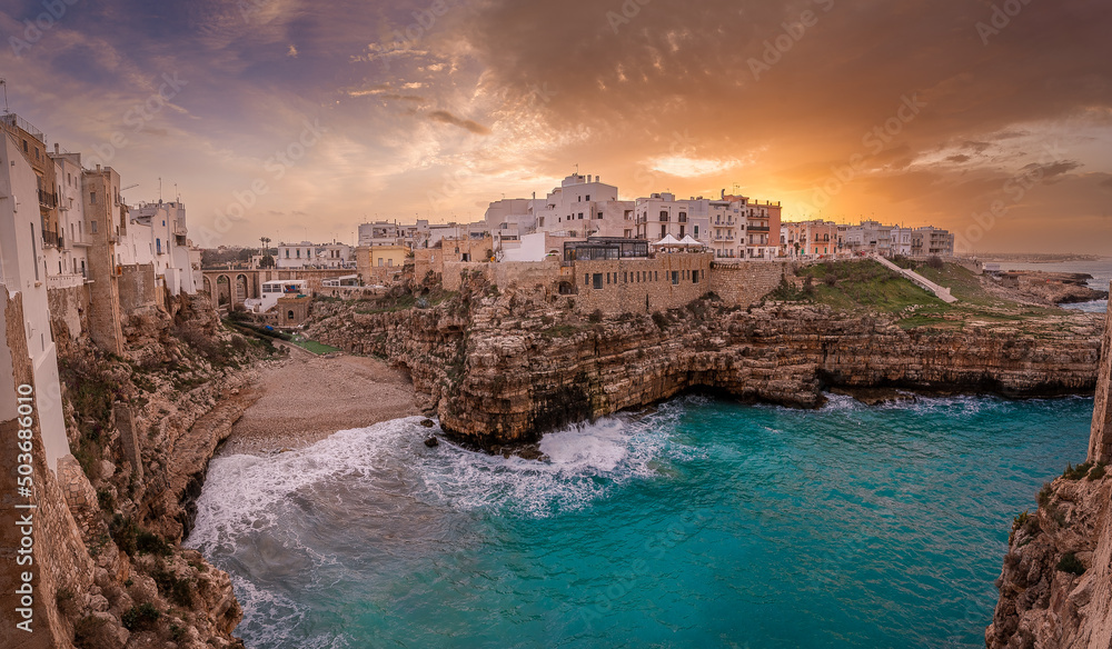 Sunset in Polignano a Mare, Puglia region in Southern Italy (Apulia)