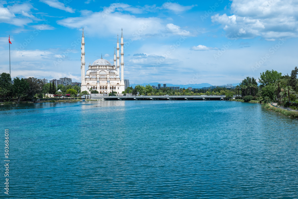 Sabancı Merkez Camii (English: Sabancı Central Mosque) by Seyhan river in Adana, Turkey.  The mosque is the second largest mosque in Turkey and the landmark in the city of Adana