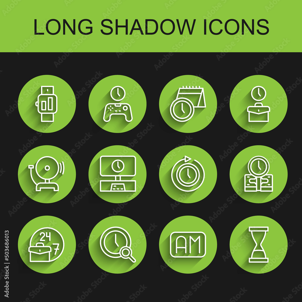 Set line Always busy, Magnifying glass with clock, Smartwatch, Morning time, Old hourglass sand, Tv, Time is money and Clock arrow icon. Vector Set line Always busy, Magnifying glass with clock, Smartwatch, Morning time, Old hourglass sand, Tv, Time is money and Clock arrow icon. Vector