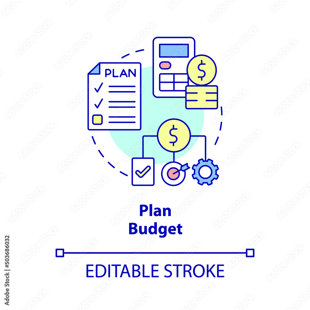Plan budget concept icon. Projects financial provision. Budgeting type abstract idea thin line illustration. Isolated outline drawing. Editable stroke. Arial, Myriad Pro-Bold fonts used Plan budget concept icon. Projects financial provision. Budgeting type abstract idea thin line illustration. Isolated outline drawing. Editable stroke. Arial, Myriad Pro-Bold fonts used