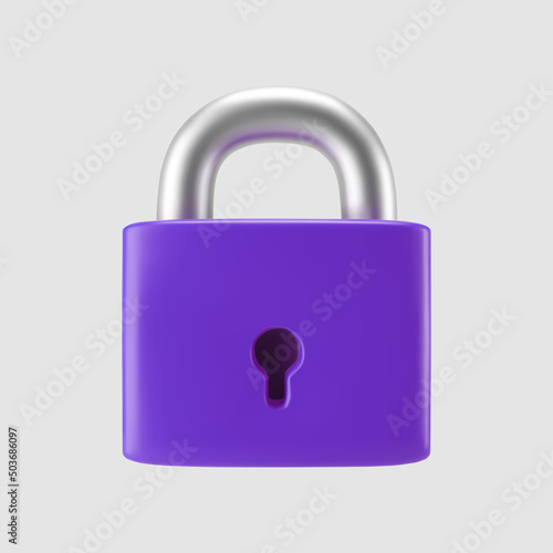 3d purple locked padlock icon isolated on gray background. Render minimal closed padlock with a keyhole. Confidentiality and security concept. 3d cartoon simple vector illustration