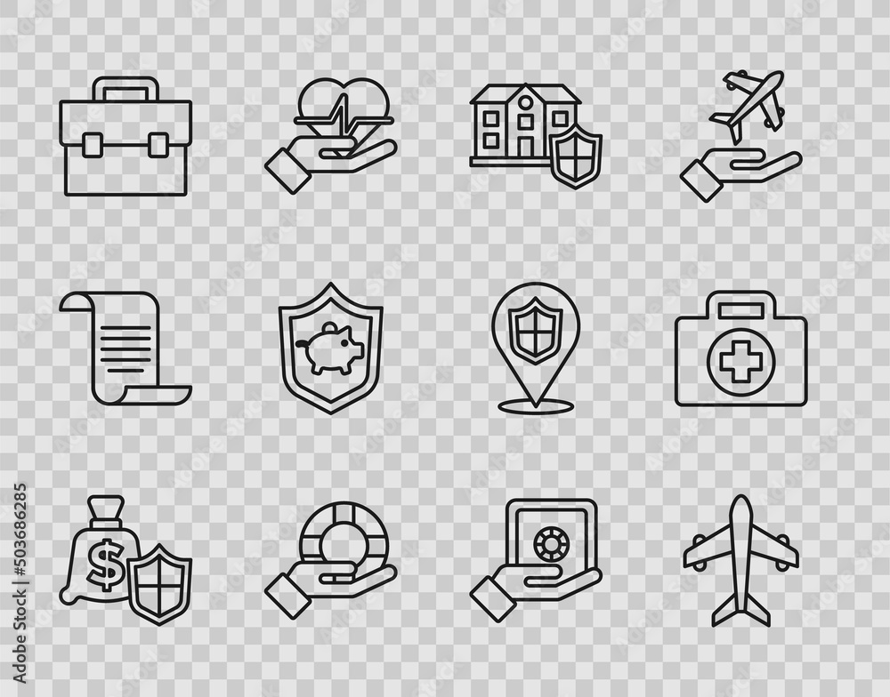 Set line Money with shield, Plane, House, Lifebuoy in hand, Briefcase, Piggy bank, Safe and First aid kit icon. Vector Set line Money with shield, Plane, House, Lifebuoy in hand, Briefcase, Piggy bank, Safe and First aid kit icon. Vector