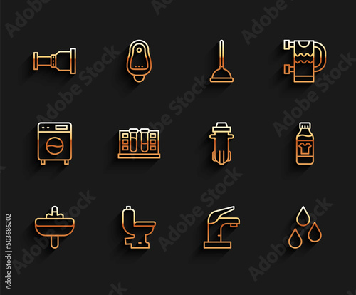 Set line Washbasin, Toilet bowl, Pipe adapter, Water tap, drop, Test tube with water, Bottle for cleaning agent and filter icon. Vector