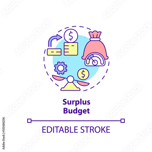 Surplus budget concept icon. Income exceeds expenses. Budgeting classification abstract idea thin line illustration. Isolated outline drawing. Editable stroke. Arial, Myriad Pro-Bold fonts used