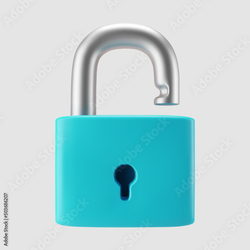 3d blue unlocked padlock icon isolated on gray background. Render minimal open padlock with a keyhole. Confidentiality and security concept. 3d cartoon simple vector illustration