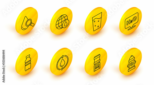 Set line Fire hydrant, Water cooler, Recycle clean aqua, Bottle of water, Chemical formula for H2O, Glass with, Earth planet in drop and Drop and magnifying glass icon. Vector
