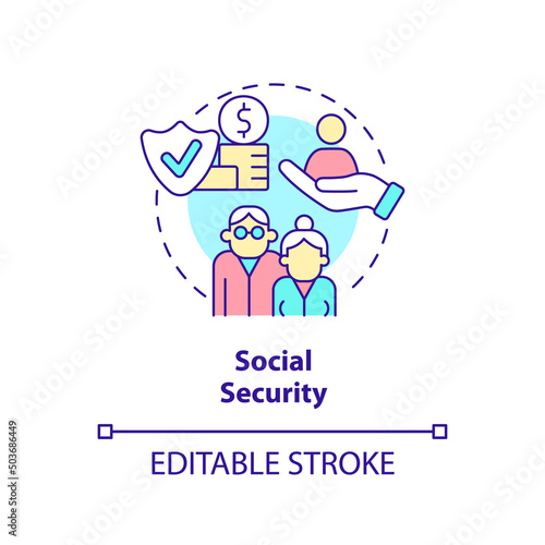 Social security concept icon. Retirement income and insurance. Expenditures abstract idea thin line illustration. Isolated outline drawing. Editable stroke. Arial, Myriad Pro-Bold fonts used