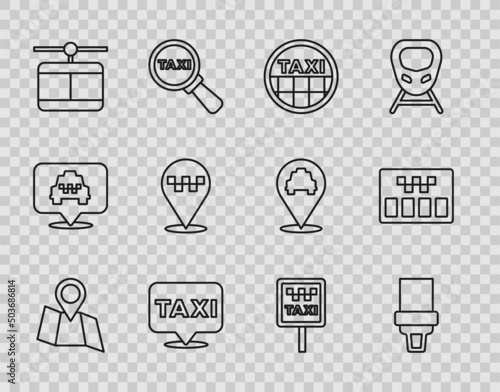 Set line Folded map with location, Safety belt, Taxi car roof, Location taxi, Cable, Road sign for stand and Taximeter icon. Vector