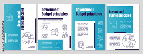 Government budget principles blue brochure template. Finance allocation. Leaflet design with linear icons. 4 vector layouts for presentation, annual reports. Anton, Lato-Regular fonts used