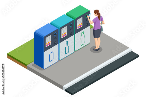 Isometric Recycling machine isolated on white. Woman put bottles in vending machine. Reverse Vending Recycling Machine. Recycling machine that dispenses cash.