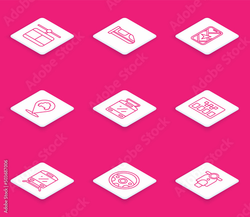 Set line Cable car, High-speed train, City map navigation, Location with taxi, Tram and railway, Taximeter, Train and Steering wheel icon. Vector