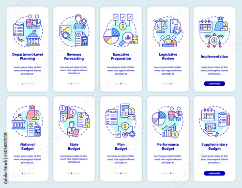 State and government budgeting onboarding mobile app screen set. Walkthrough 5 steps graphic instructions pages with linear concepts. UI, UX, GUI template. Myriad Pro-Bold, Regular fonts used