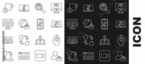 Set line Freelancer, Video camera Off on laptop, Magnifying glass with briefcase, Online working, chat conference, Time management and Mute microphone mobile icon. Vector