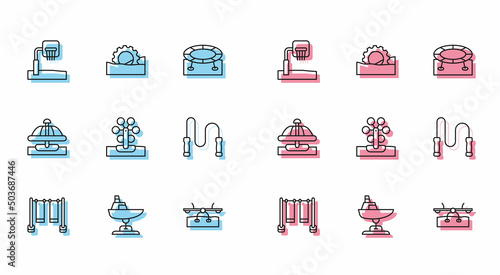 Set line Double swing, Swing boat, Basketball backboard, Seesaw, Ferris wheel, Jump rope, Attraction carousel and icon. Vector