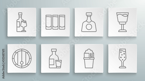 Set line Wooden barrel, Shot glass, Bottle of vodka with, Glass beer, champagne, Tequila bottle, Wine and icon. Vector