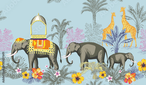 Exotic ink drawn palm trees, banana trees, hibiscus flower giraffe, indian elephant animal summer floral seamless pattern. Tropical landscape wallpaper.