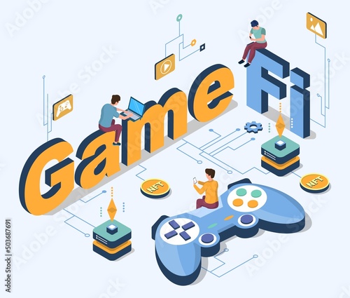 Gamefi concept. Blockchain game vector 3d isometric poster. Crypto, nft art, token and fungible finance. People earn money in metaverse