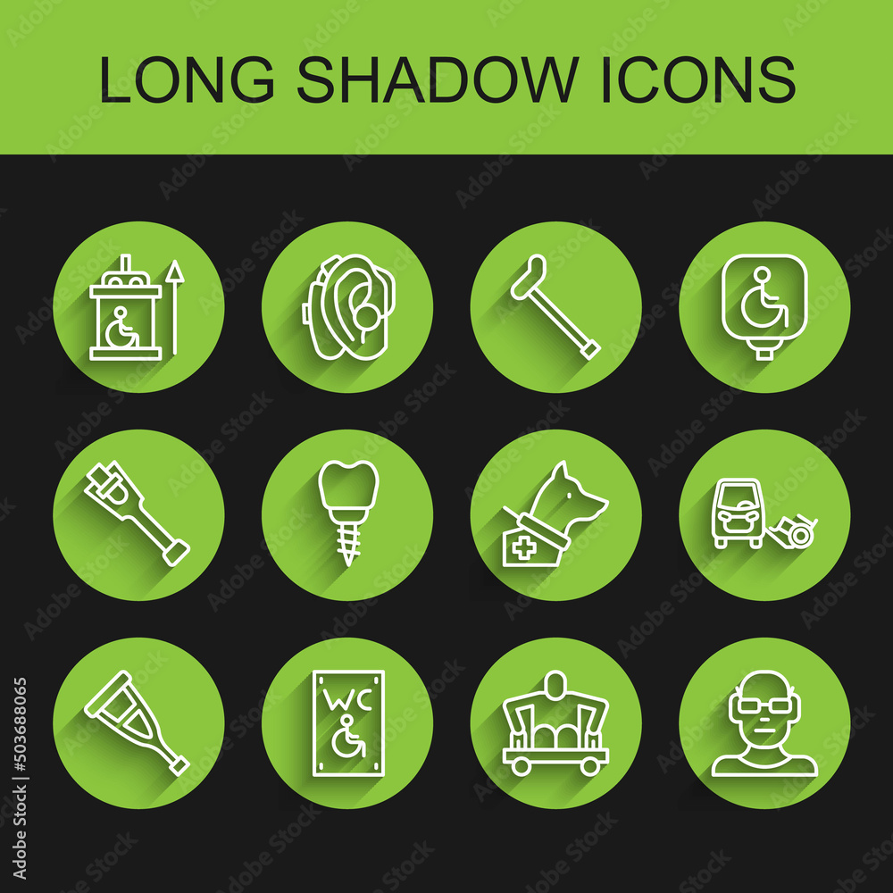 Set line Crutch or crutches, Separated toilet for disabled, Elevator, Man without legs sitting wheelchair, Poor eyesight, Dental implant, Disabled car and Guide dog icon. Vector Set line Crutch or crutches, Separated toilet for disabled, Elevator, Man without legs sitting wheelchair, Poor eyesight, Dental implant, Disabled car and Guide dog icon. Vector