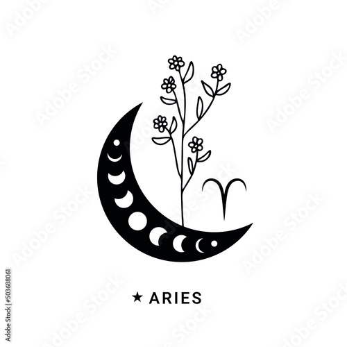 Aries zodiac sign with wildflower and moon phases