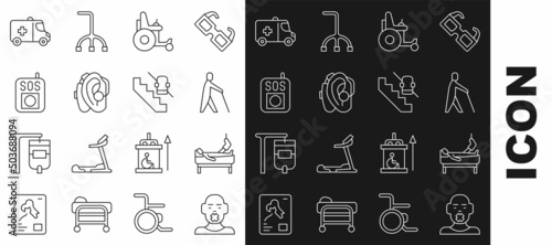 Set line Head of deaf and dumb, Patient with broken leg, Blind human holding stick, Electric wheelchair, Hearing aid, Press the SOS button, Emergency car and Disabled elevator icon. Vector