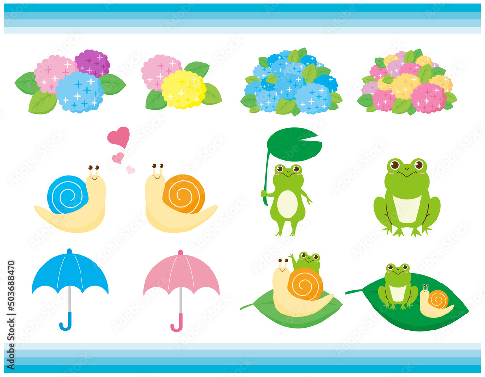 かわいいカエルとカタツムリ 紫陽花 イラストセット かわいいカエルとカタツムリ 紫陽花 イラストセット