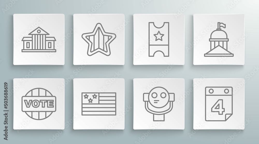Set line Vote, USA Independence day, American flag, Tourist binoculars, Calendar with date July 4, Baseball ticket, White House and icon. Vector Set line Vote, USA Independence day, American flag, Tourist binoculars, Calendar with date July 4, Baseball ticket, White House and icon. Vector