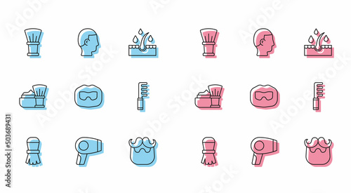 Set line Shaving brush, Hair dryer, Mustache and beard, Hairbrush, with foam and Hairstyle for men icon. Vector