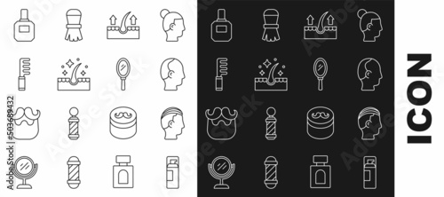 Set line Shaving gel foam, Hairstyle for men, Baldness, Human hair follicle, Oil care treatment, Hairbrush, Aftershave and Hand mirror icon. Vector