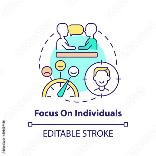 Focus on individuals concept icon. Prevention problems. Mental health trend at work abstract idea thin line illustration. Isolated outline drawing. Editable stroke. Arial, Myriad Pro-Bold fonts used