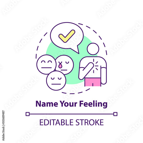 Name your feeling concept icon. Emotion understanding. Improving mental health abstract idea thin line illustration. Isolated outline drawing. Editable stroke. Arial, Myriad Pro-Bold fonts used