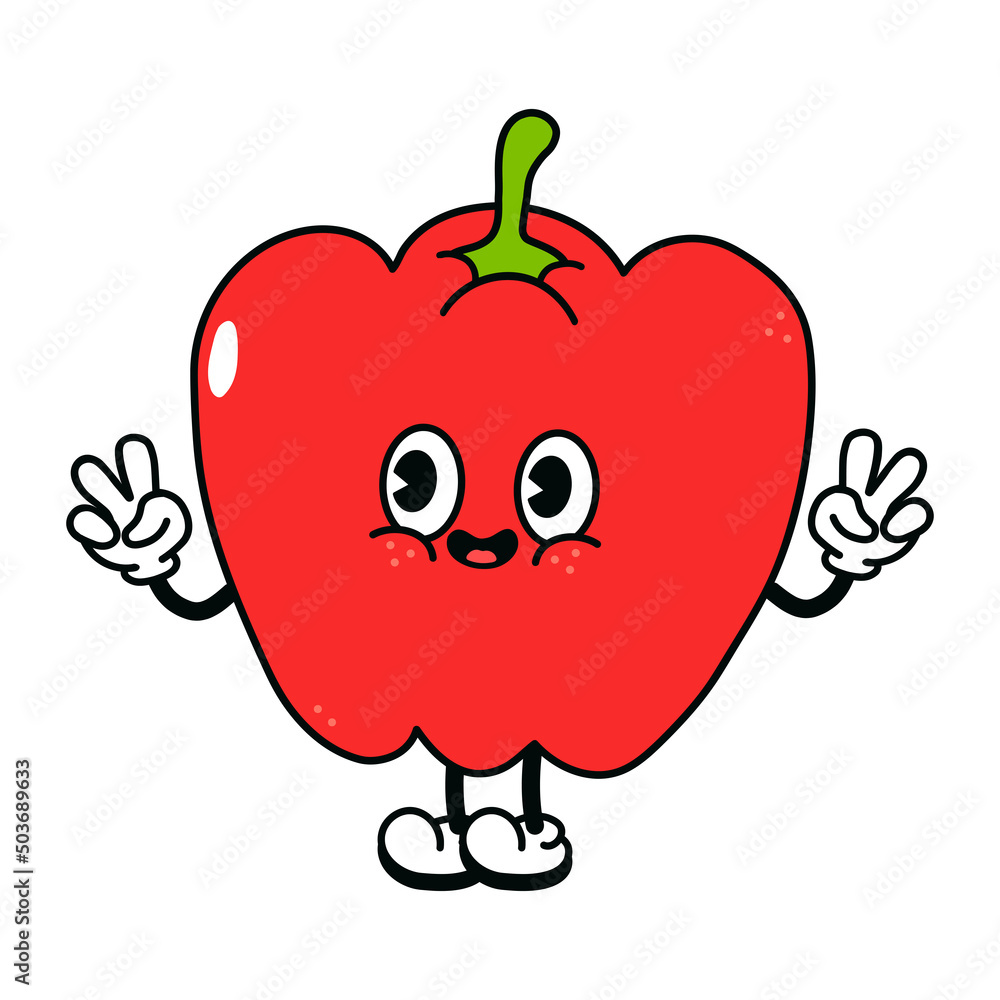 Cute funny red pepper waving hand character. Vector hand drawn traditional cartoon vintage, retro, kawaii character illustration icon. Isolated on white background. Pepper character concept
