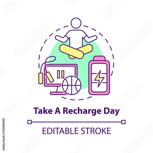 Take recharge day concept icon. Rest and harmony. Improving mental health abstract idea thin line illustration. Isolated outline drawing. Editable stroke. Arial, Myriad Pro-Bold fonts used