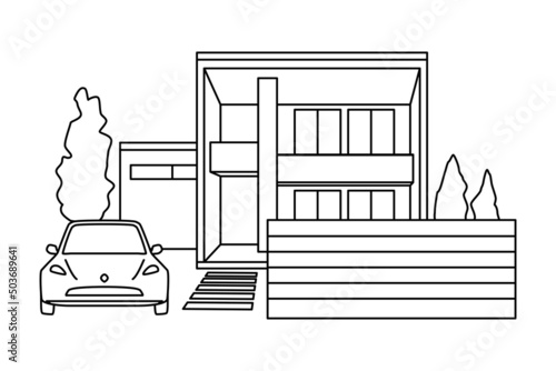 デザイナーズ注文住宅の線画スケッチのベクターイラスト素材