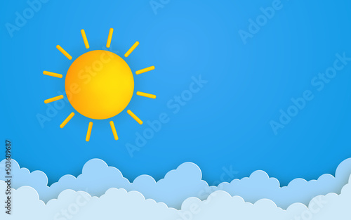 Cute summer background. Fluffy clouds and sun on a blue sky.