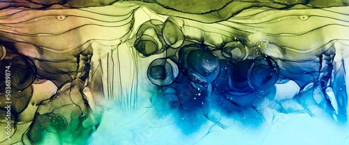 Alcohol ink background with bright blue and yellow color base, fluid texture, strong color contrast, hand drawn art for wall pictures, luxury wallpaper for print, book cover or brochure, wall art	
