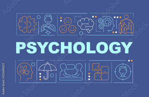 Psychology word concepts dark blue banner. Patient care and therapy. Infographics with icons on color background. Isolated typography. Vector illustration with text. Arial-Black font used