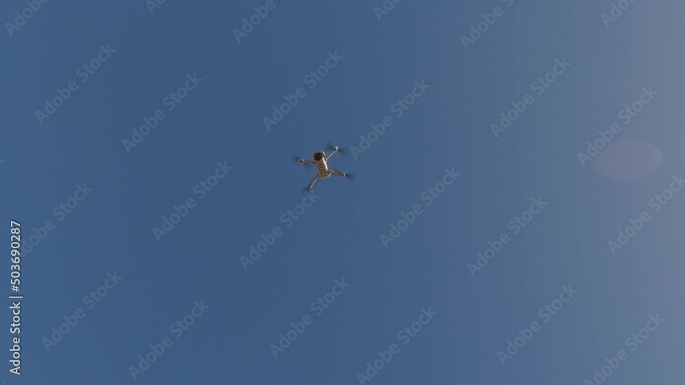 Drone takeoff. Drone rises to the skies. Blue sky in the background. Operation with lithium batteries. Drone takeoff. Drone rises to the skies. Blue sky in the background. Operation with lithium batteries.