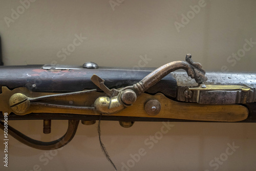 Japanese old arquebus rifle detail Tanegashima musket