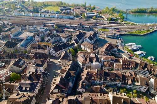 Aerial view of the old town of City of Rapperswil-Jona on a sunny spring day. Photo taken April 28th, 2022, Rapperswil-Jona, Canton St. Gallen, Switzerland.