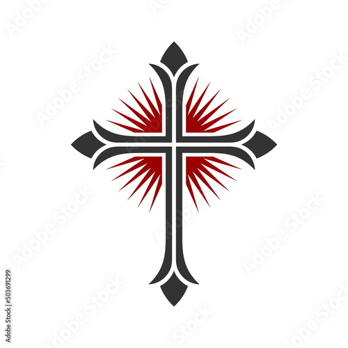 Christian symbol. Vector logo. Cross of Jesus Christ and all-round radiance