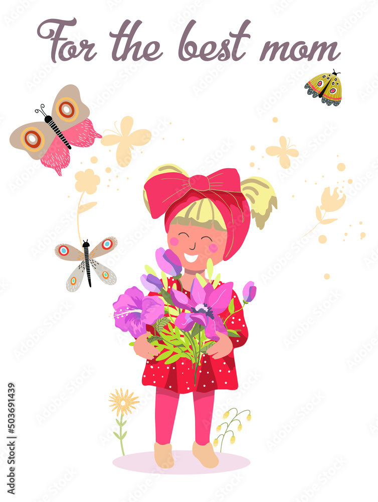 Girl, baby girl in a turban, with a bouquet of flowers, the inscription for the best mom, cute vector illustration for Mother's Day. Girl, baby girl in a turban, with a bouquet of flowers, the inscription for the best mom, cute vector illustration for Mother's Day.
