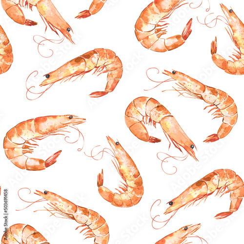 Seamless pattern with watercolor illustrated prawns