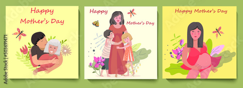 A set of three square cards congratulations on Mother's Day, an elderly mother, a mother with two children, and a pregnant woman, vector illustration.