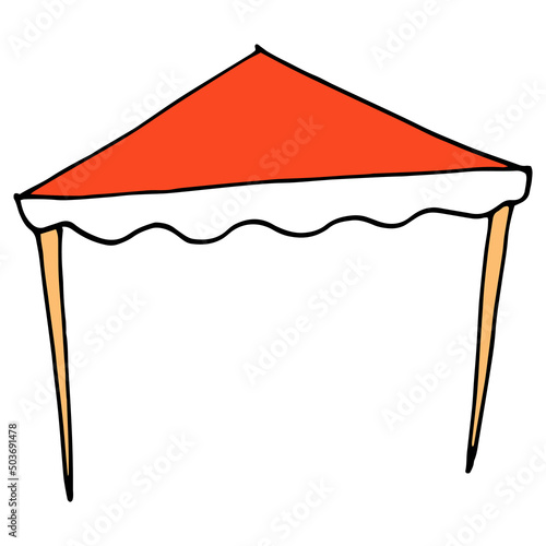 The outdoor awning is red. an icon of a simple beach canopy in the style of a doodle for a summer cafe, a side view of wooden pillars and a red roof. isolated on white for a summer design template