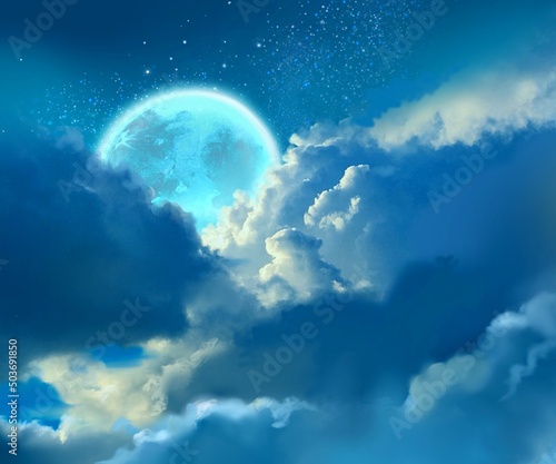 雲と宇宙と月の夜空の背景のイラスト
