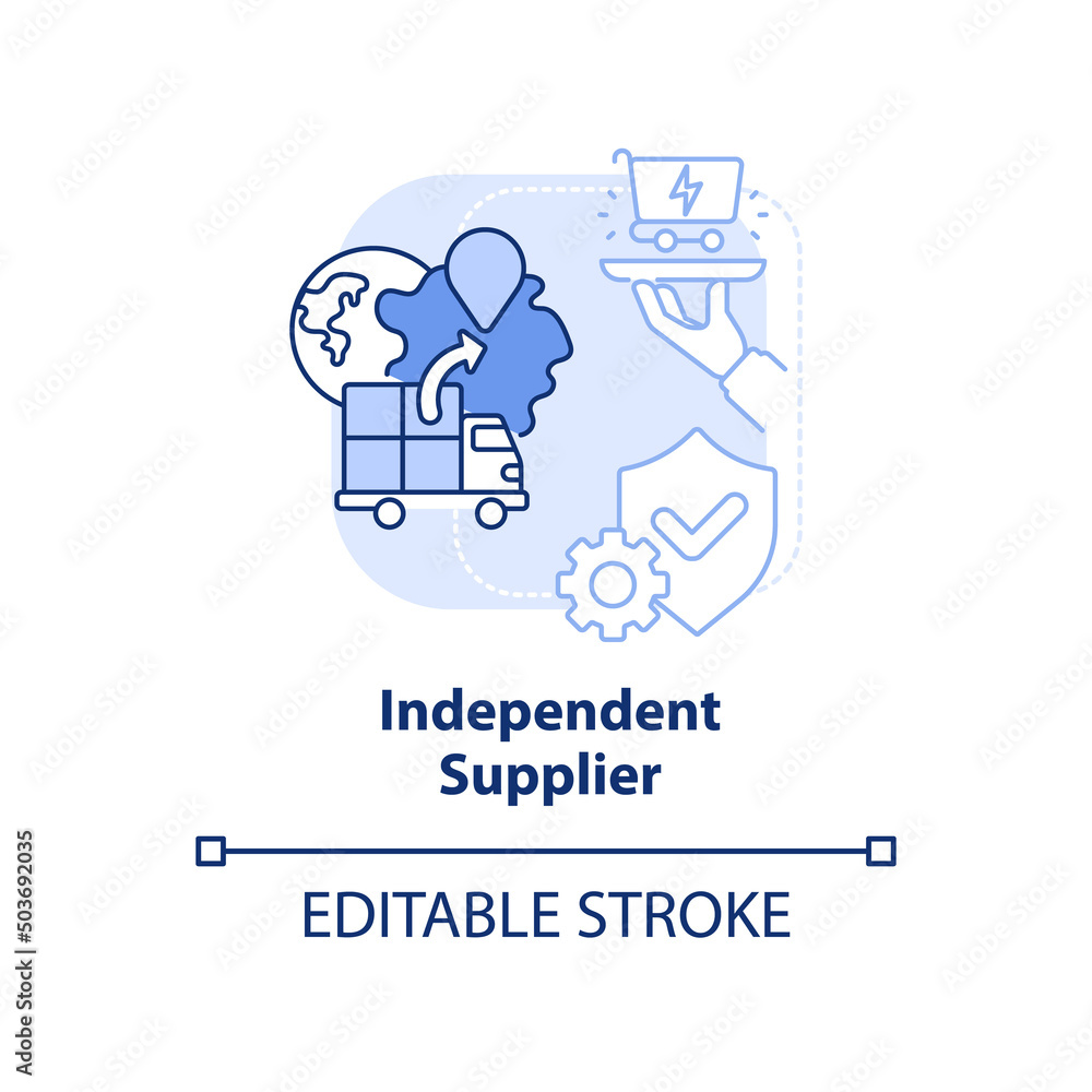 Independent supplier blue light concept icon. Energy strategy part abstract idea thin line illustration. Buy electricity. Isolated outline drawing. Editable stroke. Arial, Myriad Pro-Bold fonts used