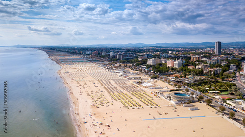 Aerial view of the beach of the Romagna Riviera with Riccione, Rimini and Cattolica