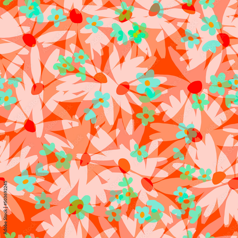 Floral layered seamless pattern Simple transparent chamomile and forget-me-not flowers on a red – orange background